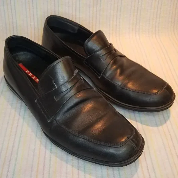 Men\'s Prada Black Leather Penny Loafers Size 8 Rubber Comfort Sole 4D 1359 Italy Prada Men Spazzolato Rois Penny Loafers Sz US 11 UK10 Black  main image 4